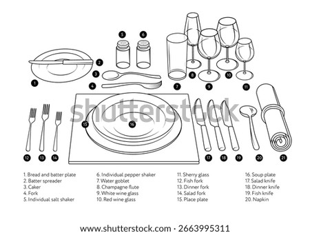 Detailed diagram of a formal dining table setting with labeled plates, cutlery, glasses, and accessories. Perfect for etiquette guides, restaurants, catering, and educational materials.