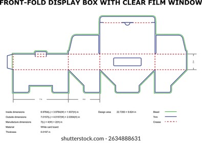 Detailed diagram of a front fold display box with clear film window in vector format