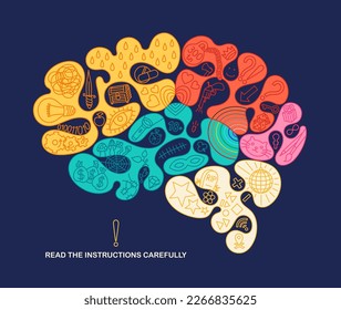 Diagrama detallado del cerebro humano. Alegre ilustración lineal simple. Arte moderno de estilo groovic. Diseño de vectores