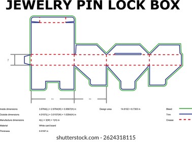 Detailed diagram of a jewelry pin lock box template blueprint design for packaging with dimensions