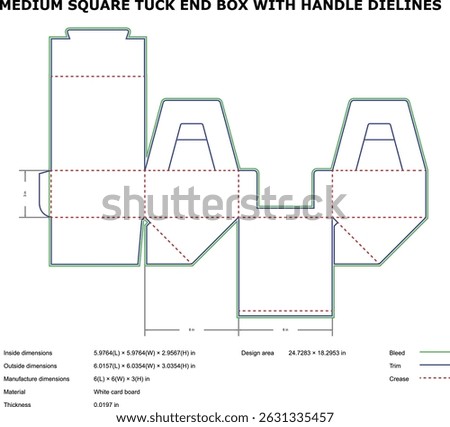 Detailed diagram of a medium square tuck end box with handle and crease lines