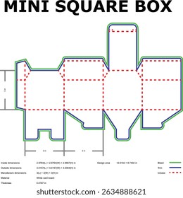 Detailed diagram of a mini square box die cut layout design with dimensions and measurements