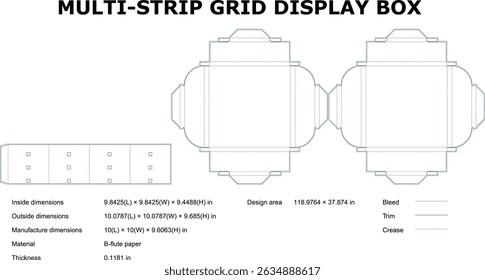 Detailed diagram of multi strip grid display box with measurements and design specifications