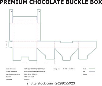 Detailed diagram of a premium chocolate buckle box packaging with dimensions and specifications.