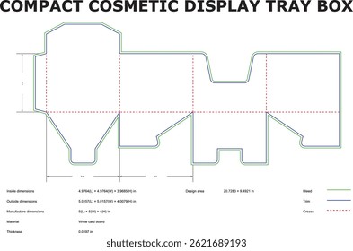 Detailed diagram showcasing a compact cosmetic display tray box cut template with dimensions and material specifications for packaging design.