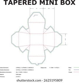 Detailed diagram of a tapered mini box showing dimensions and measurements for packaging design