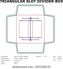 Detailed diagram of a triangular slot divider box with manufacturing dimensions and layout