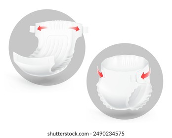 Detailed diaper mockup. Vector illustration isolated on white background. Perfect for showing the diaper, its main parts and benefits. EPS10.	