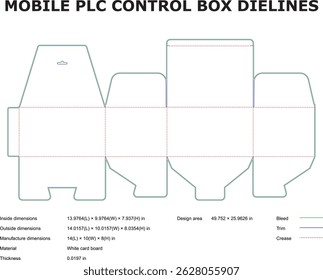 Modelo detalhado de corte para uma caixa de controle plc móvel com dimensões e medidas
