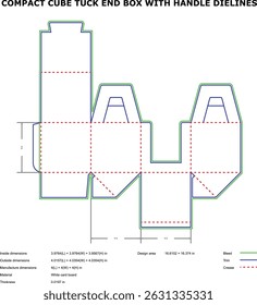 Detailed die-cut template design for a cube box with handle showing dimensions and creasing