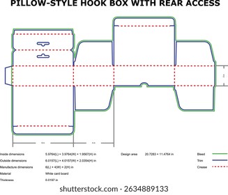 Detailed die-cut vector template for a pillow-style hook box with rear access for packaging.