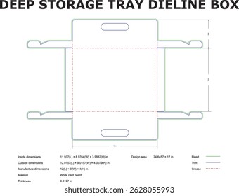 Detailed dieline template for a deep storage tray box with precise measurements and specifications
