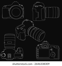 Esboços detalhados de câmera digital com designs exclusivos se destacam contra um fundo preto. Cada câmera apresenta formas, botões e lentes distintas, destacadas por contornos brancos nítidos.
