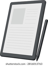 Detailed digital ereader tablet illustration with stylus pen and reading screen for poster sticker editorial study workspace and technology design