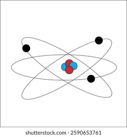 A detailed digital illustration of an atom with its nucleus at the centre containing protons and neutrons surrounded by orbiting electrons in distinct energy levels.