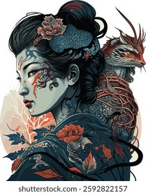 Detailed digital illustration depicting a blue-skinned woman with tattoo-like patterns wearing an ornate kimono and elaborate headdress, accompanied by a mythical dragon. 