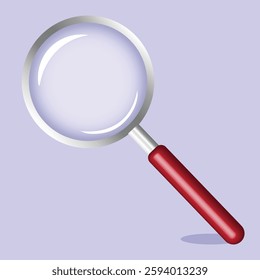 A detailed digital illustration of a magnifying glass with a metallic silver frame and a reflective glass lens.The handle is red with a glossy finish, giving it a realistic and professional appearance