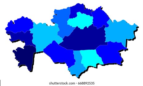 Detailed Digital Map of Kazakhstan in Shades of Blue Isolated on White Background. 3D Vector Illustration