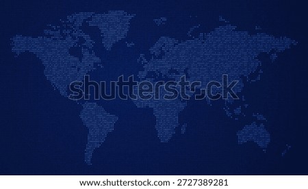 Detailed digital map made from blue ones and zeros covering all continents on dark screen
