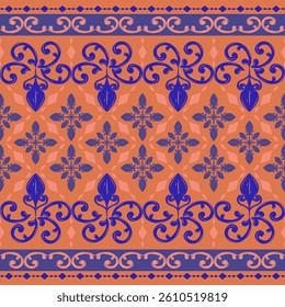 Detailed Digital Motif Royal Silk Weaves with Blue Scroll Ornament on Orange Background. Grandiose Elaborate Pattern Twist Traditional Curly Swirl Florals for Decoration Indonesian Batik Floras Tiles