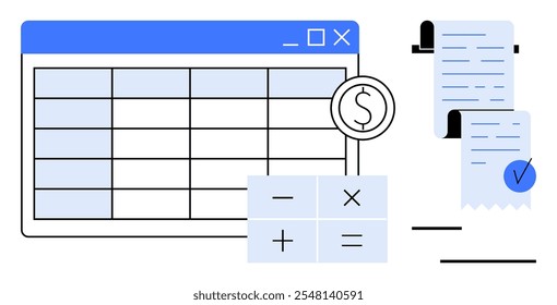 Eine detaillierte Schnittstelle für digitale Tabellen mit Finanzsymbolen, einem Rechner und Rechnungen. Ideal für Themen aus den Bereichen Finanzen, Budgetierung, Buchhaltung, Datenverwaltung und Unternehmensplanung. Einfach