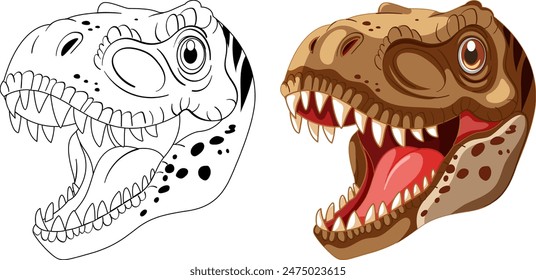Detailed dinosaur head in color and outline