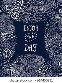 Detailed doodle card made of abstract shapes. Vector decoration, motivation card with  detailed doodle ornament. Zentangled colorful template with copy space