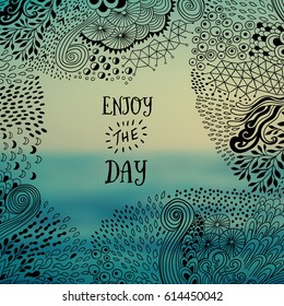 Detailed doodle frame made of abstract shapes on ocean unfocused backdrop. Vector decoration, motivation card with  detailed doodle ornament. Zentangled colorful template with circle copy space