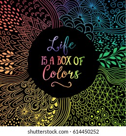 Detailed doodle frame made of abstract shapes. Vector decoration, motivation card with  detailed doodle ornament. Zentangled colorful template with circle copy space