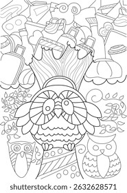 Detailed Doodle Owls Line Art Illustration, Black and white line art illustration featuring doodle style owls surrounded by abstract patterns and shapes, perfect for coloring books, decorative