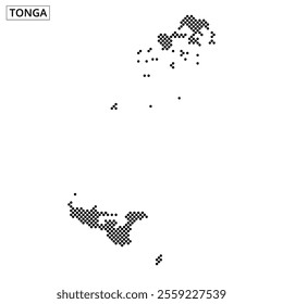 A detailed dot pattern outlines the islands of Tonga, emphasizing its unique geography and layout in the South Pacific Ocean.