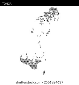 A detailed dot pattern outlines the islands of Tonga, emphasizing its unique geography and layout in the South Pacific Ocean.