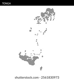 A detailed dot pattern outlines the islands of Tonga, emphasizing its unique geography and layout in the South Pacific Ocean.