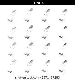 A detailed dot pattern outlines the islands of Tonga, emphasizing its unique geography and layout in the South Pacific Ocean.