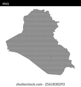 Detailed dotted map of Iraq shows the country's outline creatively with a monochrome design. The artwork emphasizes geographic features.