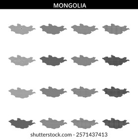 A detailed dotted map representation of Mongolia, showcasing its shape against a soft background with abstract lines and patterns.