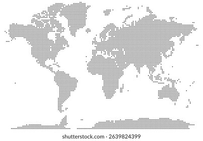 A detailed dotted vector design of the planet Earth featuring global continents in pixelated style for infographics. Realistic dotted world map feathering abstract country territory in dotted shape.  