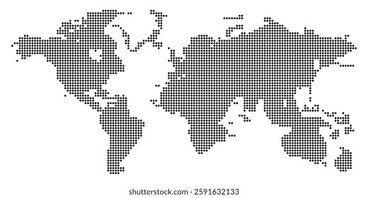 A detailed dotted world map showcasing continents and countries in a digital style. This dotted map highlights global connectivity and geography for modern presentations and infographics.