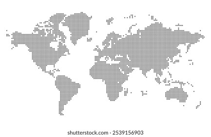 A detailed dotted world map showing continents and countries, perfect for global navigation, infographics, and design. Ideal for travel, geography, and technology backgrounds with a modern touch.