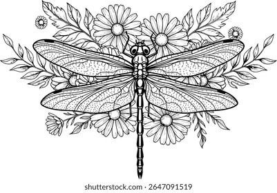 Detailed Dragonfly and Daisy Flower Arrangement Illustration An intricately designed dragonfly is shown in a monochrome linear style amidst a background of daisy flowers and leaves, creating a visuall
