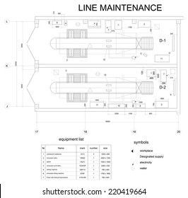 Detailed drawing of the building for car maintenance. Vector format