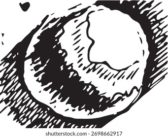 Dibujo detallado de un objeto circular con sombreado y textura capturado en un estilo blanco y negro