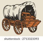 A detailed drawing of a classic covered wagon with wooden wheels. The wagon features a large canopy representing historical transport across open terrain.