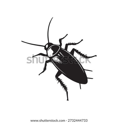 Detailed drawing of common cockroach insect in solid black silhouette style isolated on white background pest control symbol