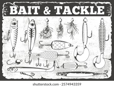 Detailed drawing displays various fishing lures and tackle showcasing a range of styles including spinners jigs and hooks. Perfect for fishing enthusiasts and hobbyists.