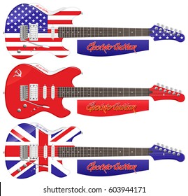 Detailed drawing electric guitars with flags of the USA, USSR and Great Britain