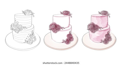 A detailed drawing featuring three distinct types of cakes, each showcasing its unique design elements and flavors