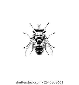 A detailed drawing of a fly isolated on a white background. The illustration showcases the insect's anatomy with intricate details and shading.