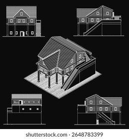 A detailed drawing of a house with a pitched roof and prominent staircase, set against a black background. The roof features clear shingle lines, and the stairs lead to an elevated entrance.