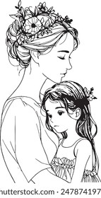 Dibujo detallado de una madre y una niña en blanco y negro. La chica tiene el pelo oscuro y su pelo largo está adornado con una diadema floral. Ilustración de línea, estilo de garabato, tiempo en familia, página para colorear